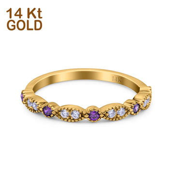 14K Yellow Gold Half Eternity Wedding Band Art Deco Design Simulated Amethyst CZ Ring Size-7
